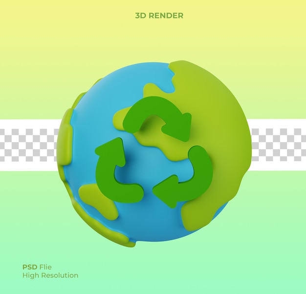 3D Render of Earth Day Save World Environment Concept Globo con símbolo de reciclaje Salvar el planeta