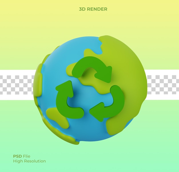 PSD 3d render of earth day save world environment concept globo con símbolo de reciclaje salvar el planeta