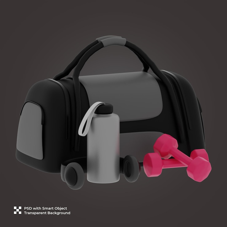 PSD 3d render of gym bag with dumbbells water bottle and headphones