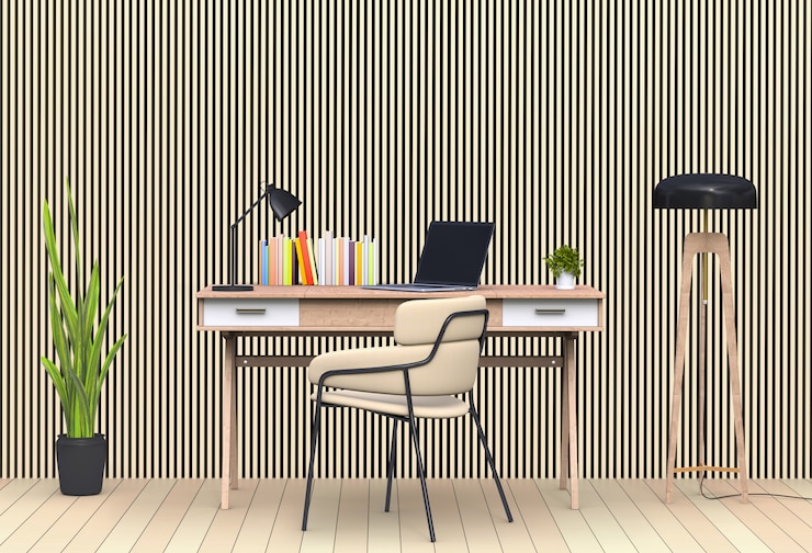 PSD 3d render of interior modern living room workspace with laptop computer