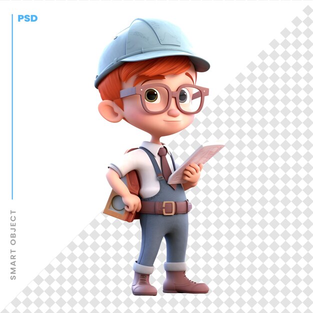 PSD 3d render of little boy con sombrero de trabajador de la construcción y overoles