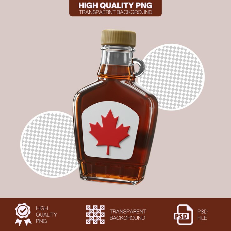 PSD 3d render of a maple syrup bottle with a canadian maple leaf