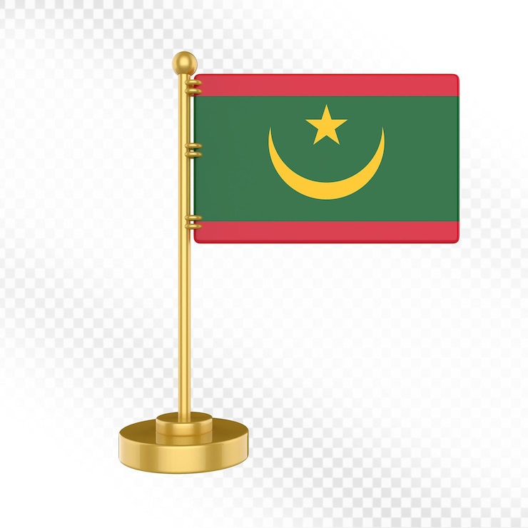 PSD 3d render of mauritanias national flag on a gold stand