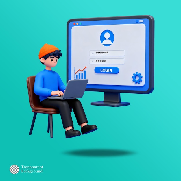 3D render of a programmer working on laptop secure login user interface web development