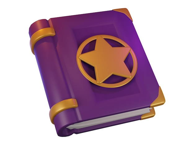 3d render of purple magic spells book with gold cover and star Halloween celebration concept