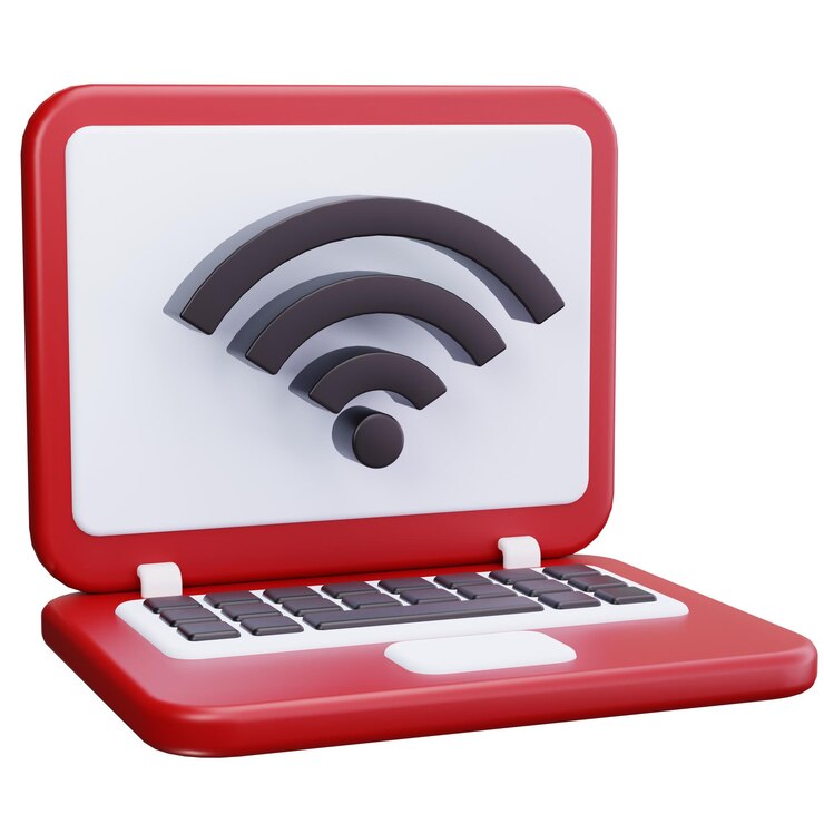 PSD 3d render of a red laptop with wi-fi symbol on screen