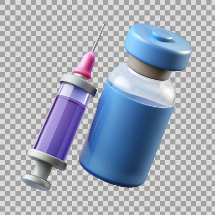 PSD 3d render of syringe and vaccine vial isolated on transparent background