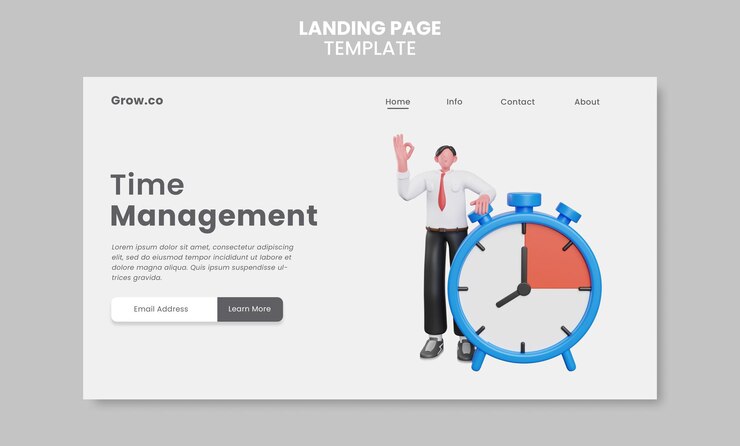 PSD 3d render of time management landing page template