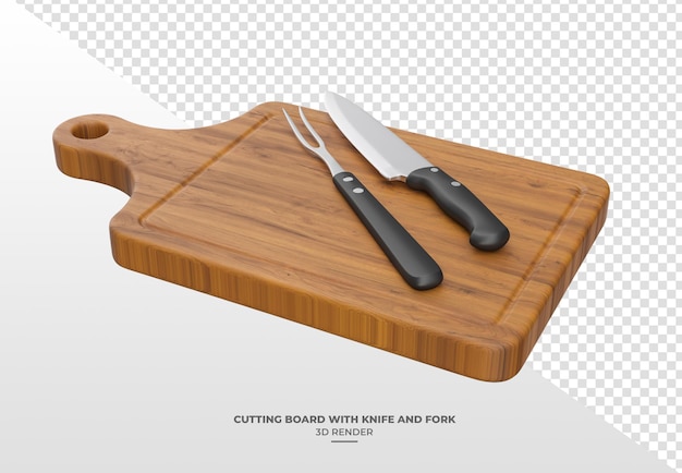 3D Render of Wooden Cutting Board with Knife and Fork on Transparent Background
