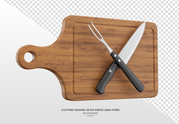 3D Render of Wooden Cutting Board with Knife and Fork on Transparent Background