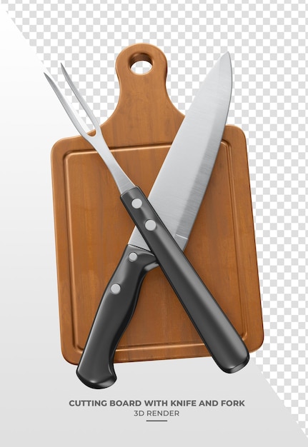 3D Render of Wooden Cutting Board with Knife and Fork on Transparent Background