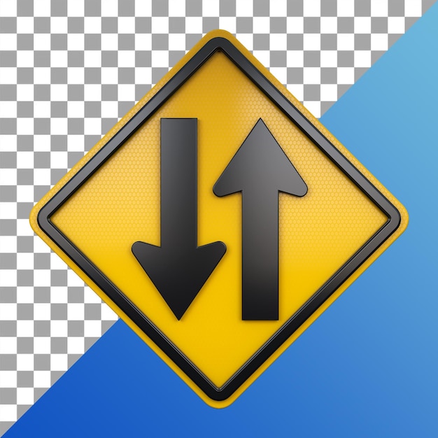3d render of yellow road sign two way traffic with two up and down arrows with transparent bg