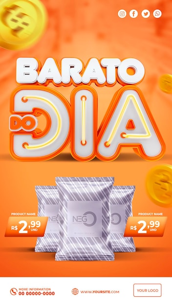 PSD 3d render oferta do dia para campanha nas redes sociais em português