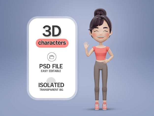 3d render Olá prazer em conhecê-lo. Personagem de linda garota acenando com a mão olá