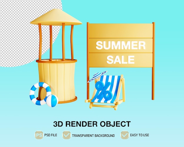 PSD 3d render olá verão com promoção de verão e porcento