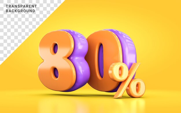 3D-Render Orange und Lila 80 Prozent Rabatt auf Werbeverkauf auf gelbem Hintergrund