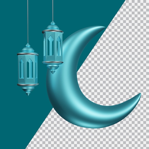 3D render ornamento islámico luna azul y linterna