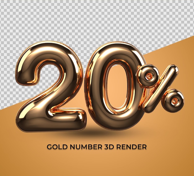 3d render oro 20 porcentaje número de descuento de venta, progreso