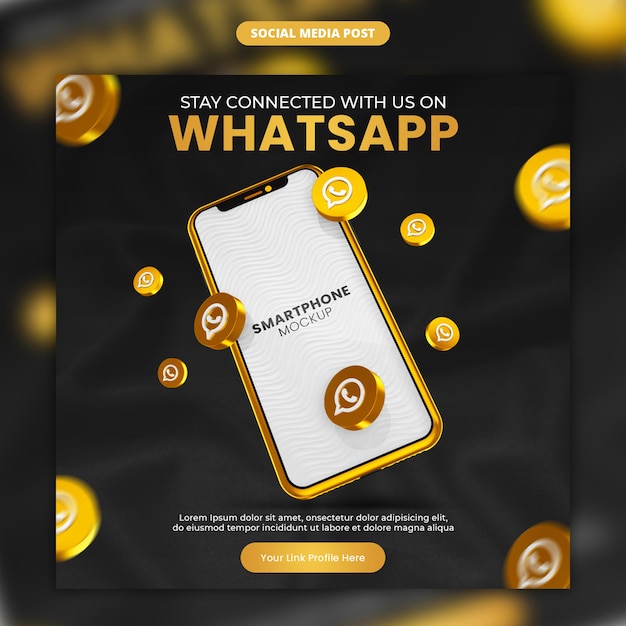 3d render oro icono de whatsapp y redes sociales de teléfonos inteligentes y plantilla de publicación de instagram