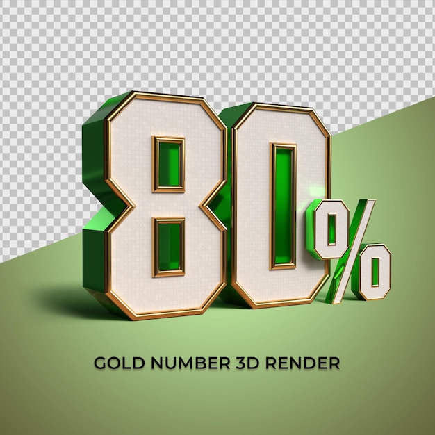 3D Render oro verde número 80 porcentaje de progreso de venta
