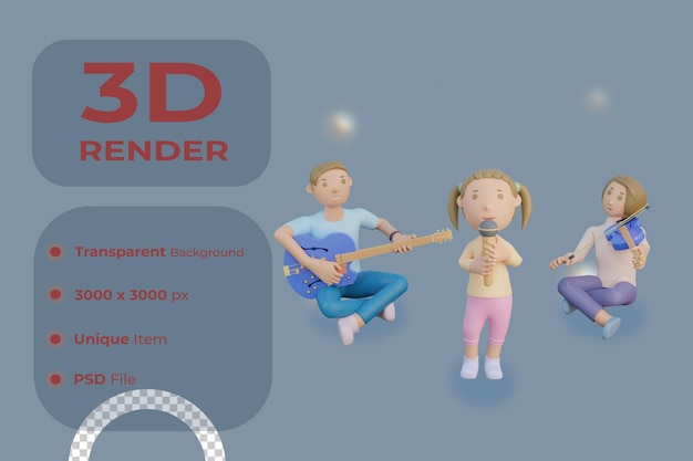 PSD 3d render padre madre e hija cantando y tocando música ilustración