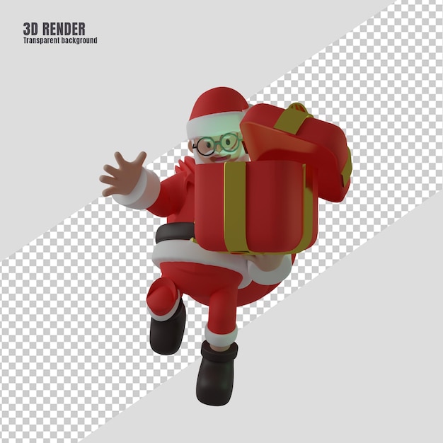 3d render papai noel com caixa de presente aberta no natal