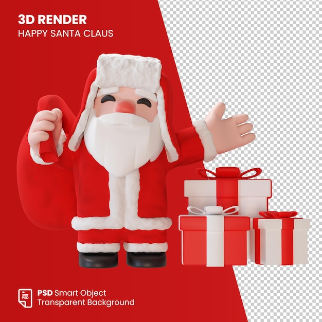 3d render papai noel com um saco e caixas de presente