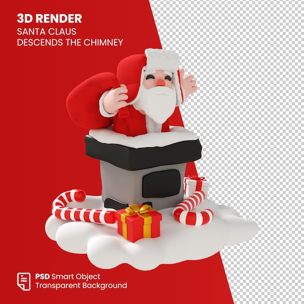 PSD 3d render papai noel desce pela chaminé