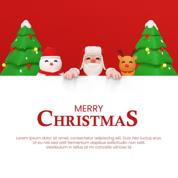 3D Render Papai Noel e seus amigos com espaço para cópia