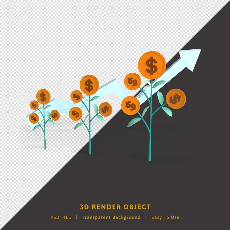 3D render para fazer negócios crescerem com plantas de moedas