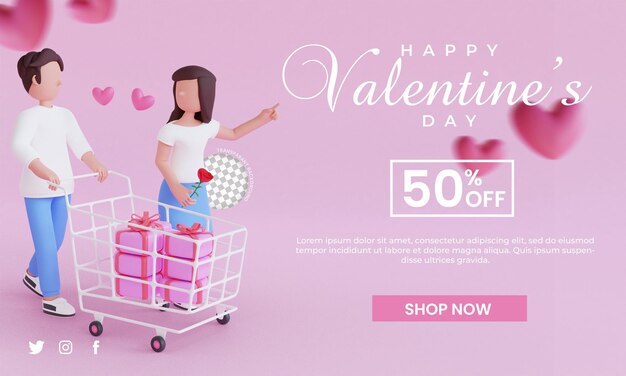 PSD 3d render pareja personaje san valentín saludo venta plantilla 3d render