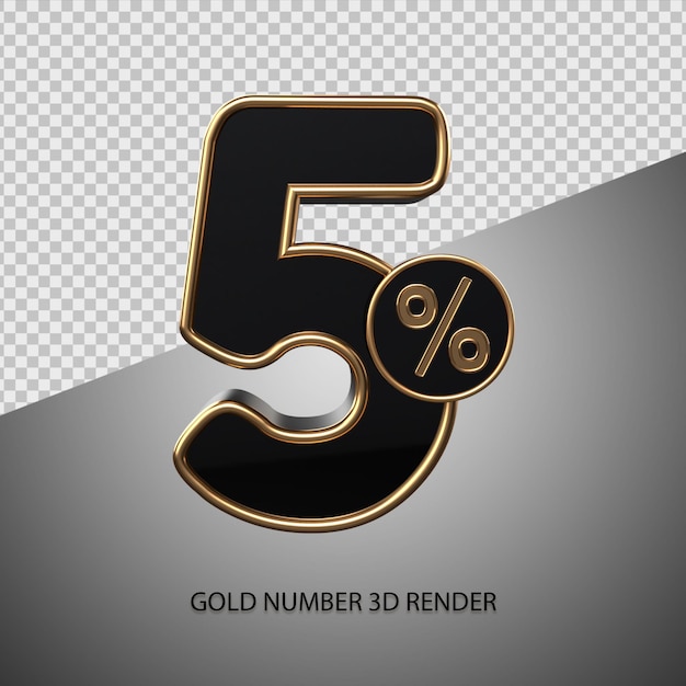 3D render percentual número 5 cor preta e bisel dourado para venda com desconto, sexta-feira negra, progresso