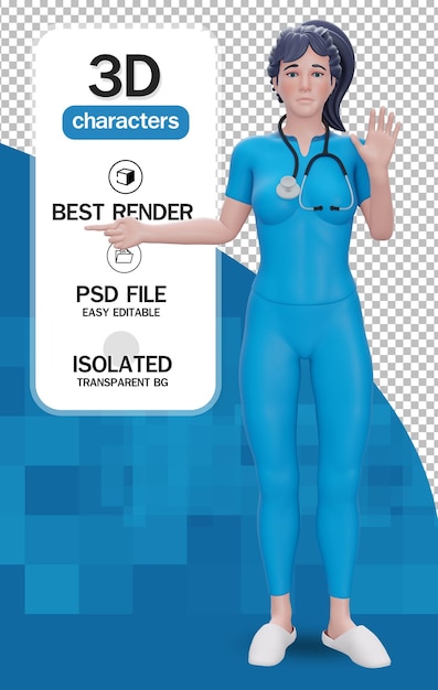 3d render Personagem de desenho animado mulher médica usa uniforme Clip-art médico mostra direção com o dedo