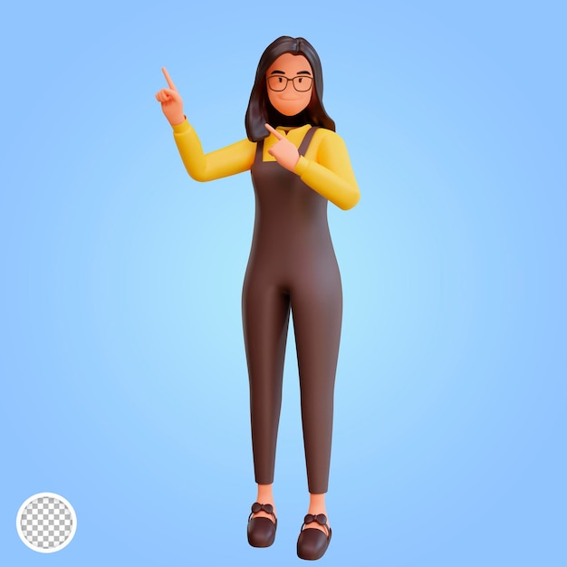 3d render personagem de mulher bonita apontando para cima