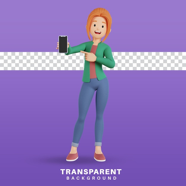 3d render personagem feminina segurando telefone inteligente