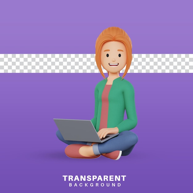 3d render personagem feminina trabalhando em um laptop