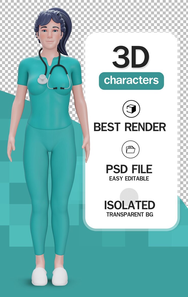 PSD 3d render personaje de dibujos animados doctora viste uniforme 3d render personaje de dibujos animados doctora