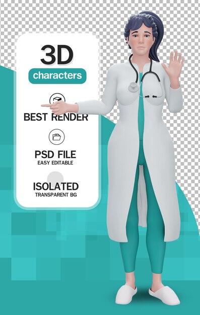 3d render personaje de dibujos animados doctora viste uniforme clip art médico muestra dirección con el dedo