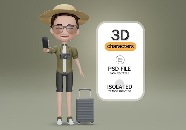 3D Render personaje de dibujos animados de turista con maleta y teléfono