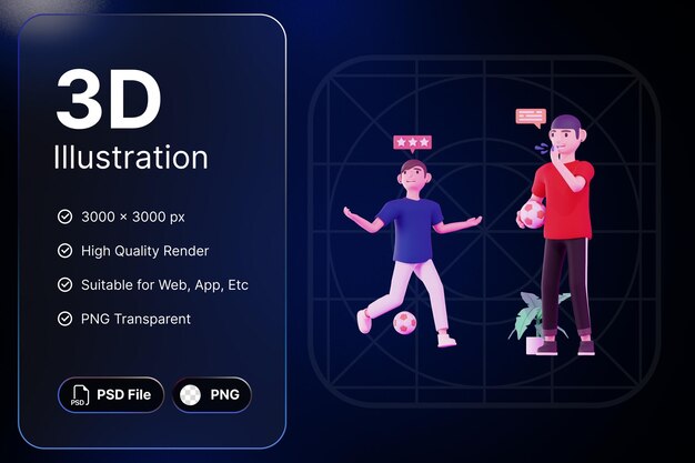 PSD 3d render personaje de dos niños con cáliz concepto de fútbol icono moderno diseño de ilustraciones