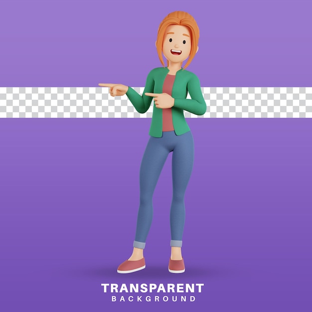 3d render personaje femenino apuntando a la pose correcta