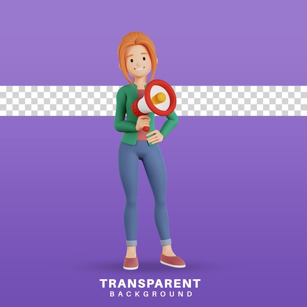 3d render personaje femenino con megáfono