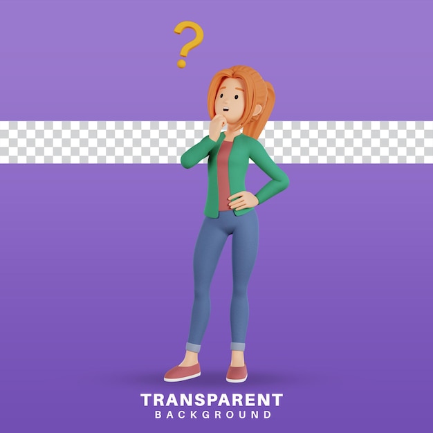 3d render personaje femenino pensando con signo de interrogación