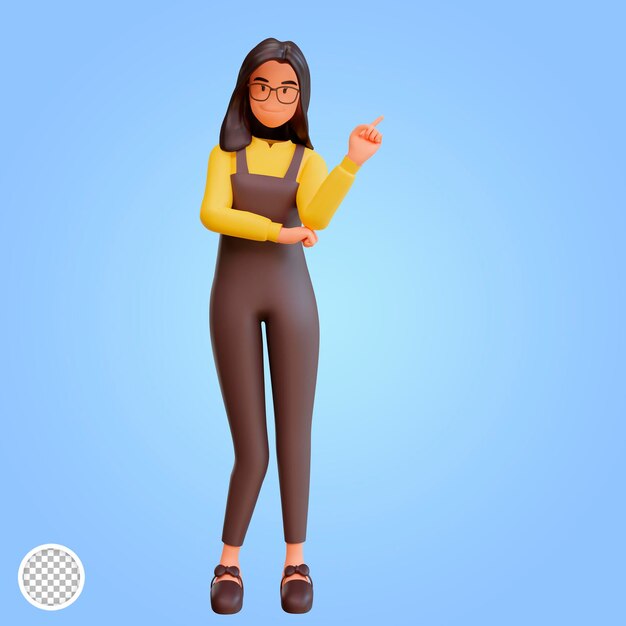 3d render personaje de mujer linda apuntando hacia arriba