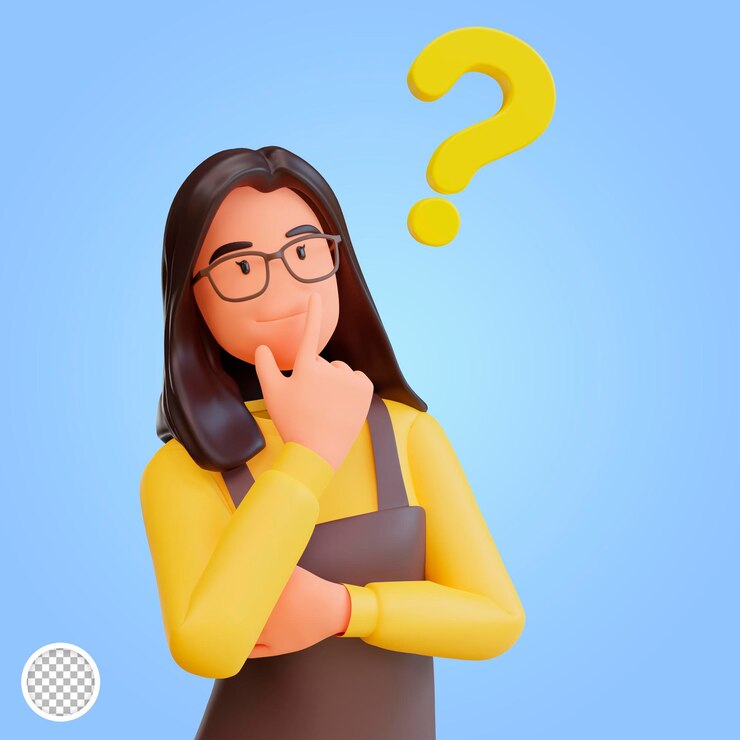 PSD 3d render personaje de mujer linda con signos de interrogación