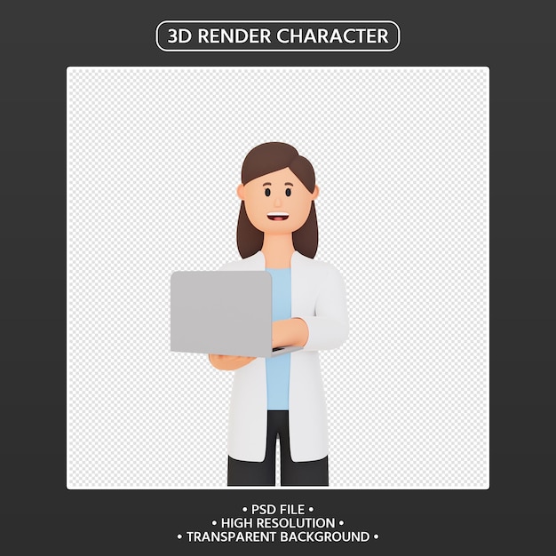 3d render personaje de mujer sonriente con laptop