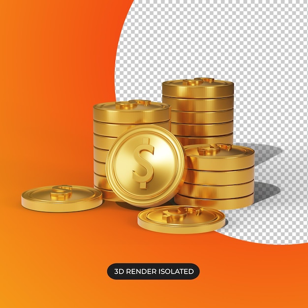 3D render pilha de moedas de dólar de ouro isolada