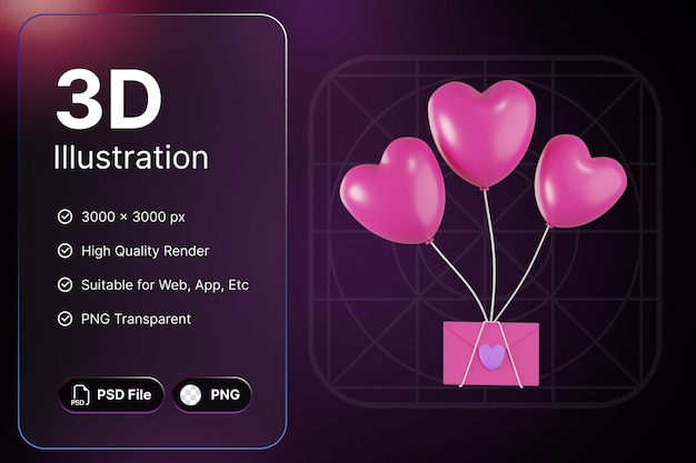 3d render pink balloon bringen brief objekt valentinstag romantik konzept modernes design