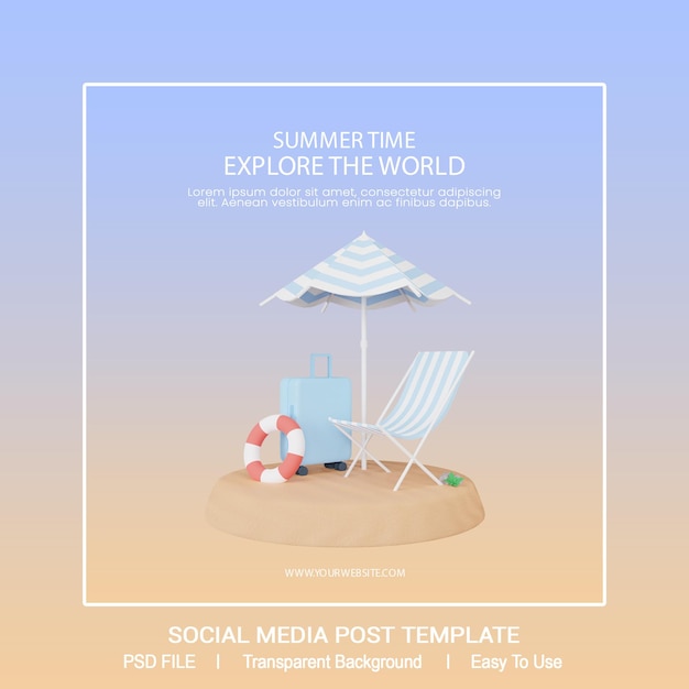 3d render plantilla de publicación de redes sociales de verano