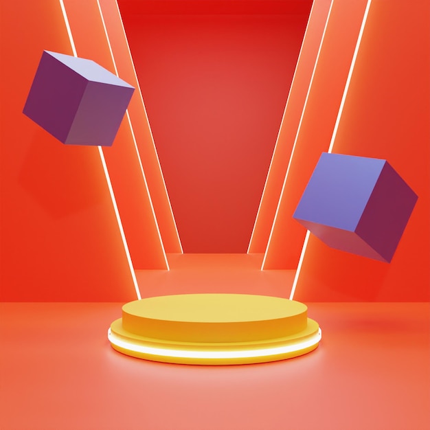 3D render podio amarillo sobre fondo rojo de alta calidad